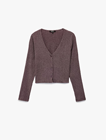 Bürümcük Kumaş Slim Fit Uzun Kollu V Yaka Düğmeli Bluz