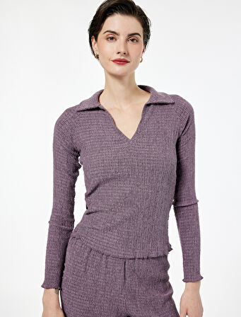 Bürümcük Kumaş Slim Fit Uzun Kollu Polo V Yaka Tişört