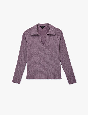 Bürümcük Kumaş Slim Fit Uzun Kollu Polo V Yaka Tişört