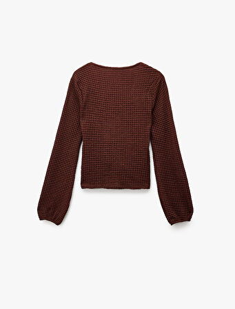 Slim Fit Uzun Kollu V Yaka Fiyonk Bağlama Detaylı Dokulu Bluz