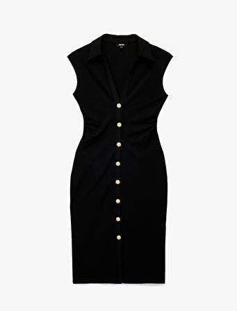 Drapeli V Yaka Midi Boy Düğmeli Kolsuz Gömlek Elbise