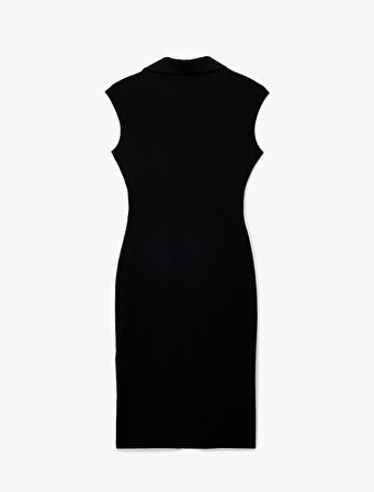 Drapeli V Yaka Midi Boy Düğmeli Kolsuz Gömlek Elbise