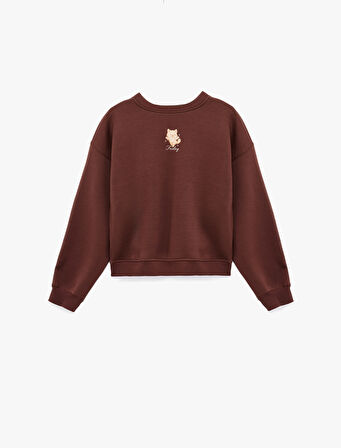 Bisiklet Yaka Uzun Kollu Kedi Nakışlı Oversize Sweatshirt