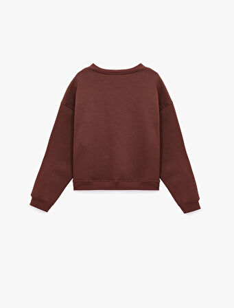 Bisiklet Yaka Uzun Kollu Kedi Nakışlı Oversize Sweatshirt