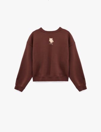 Şardonlu Bisiklet Yaka Uzun Kollu Kedi Nakışlı Oversize Sweatshirt