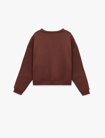 Şardonlu Bisiklet Yaka Uzun Kollu Kedi Nakışlı Oversize Sweatshirt