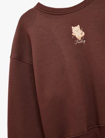 Şardonlu Bisiklet Yaka Uzun Kollu Kedi Nakışlı Oversize Sweatshirt