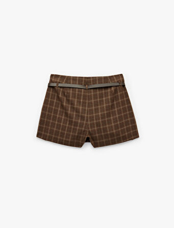 Kemerli Ekoseli Viskon Karışımlı Mini Pileli Şort Etek