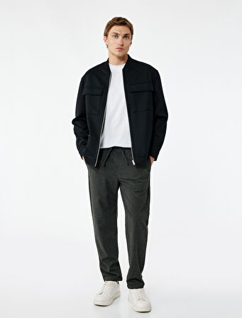 Viskon Karışımlı Cep Detaylı Dokulu Beli Bağcıklı Pantolon