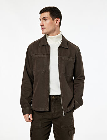 Regular Fit Klasik Yaka Cepli Pamuklu Fermuarlı Gömlek Ceket