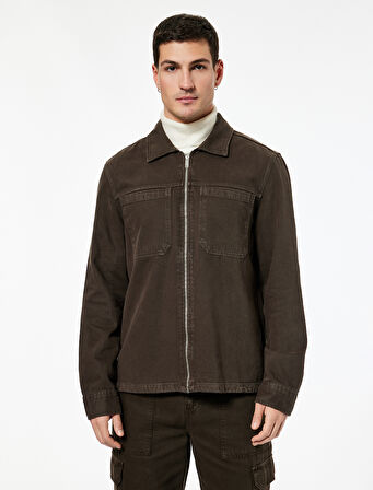 Regular Fit Klasik Yaka Cepli Pamuklu Fermuarlı Gömlek Ceket