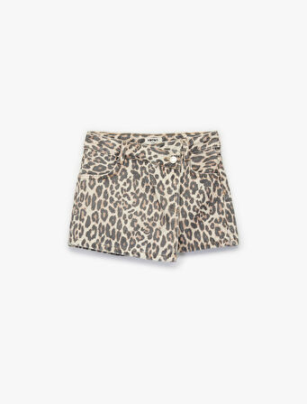 Leopar Desenli Pamuklu Kruvaze Denim Şort Etek