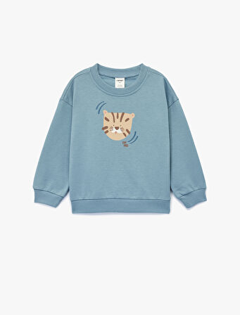 Pamuklu Uzun Kollu Bisiklet Yaka Kaplan Baskılı Oversize Sweatshirt