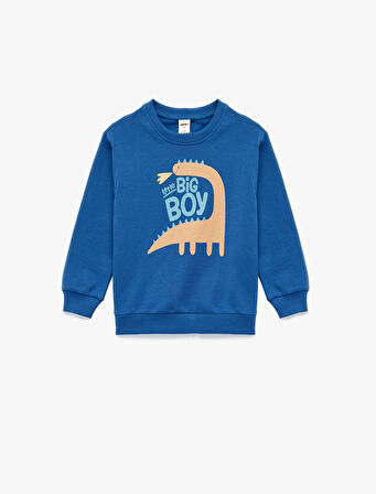 Pamuklu Dinozor Baskılı Uzun Kollu Bisiklet Yaka Şardonlu Sweatshirt