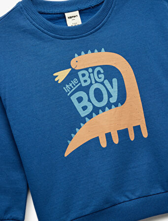 Pamuklu Dinozor Baskılı Uzun Kollu Bisiklet Yaka Şardonlu Sweatshirt