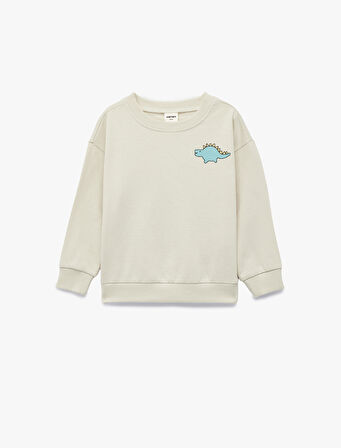 Uzun Kollu Bisiklet Yaka Dinozor Baskılı Pamuklu Sweatshirt