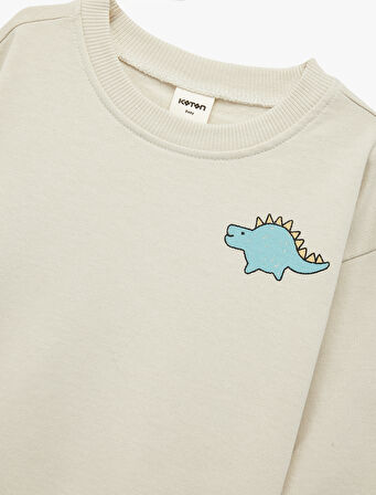 Uzun Kollu Bisiklet Yaka Dinozor Baskılı Pamuklu Sweatshirt