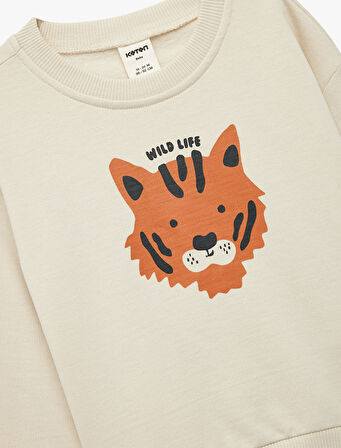 Pamuklu Uzun Kollu Bisiklet Yaka Kaplan Baskılı Sweatshirt