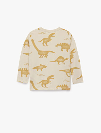 Uzun Kollu Bisiklet Yaka Dinozor Baskılı Pamuklu Tişört