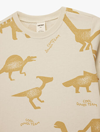 Uzun Kollu Bisiklet Yaka Dinozor Baskılı Pamuklu Tişört