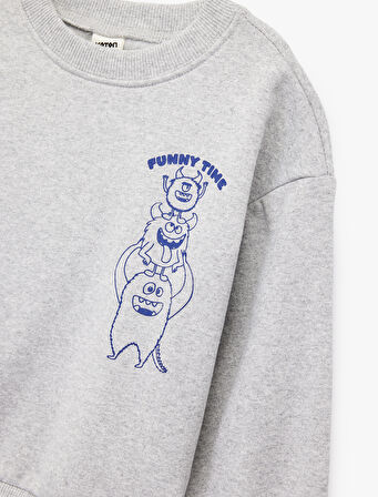 Canavar Baskılı Uzun Kollu Bisiklet Yaka Sweatshirt