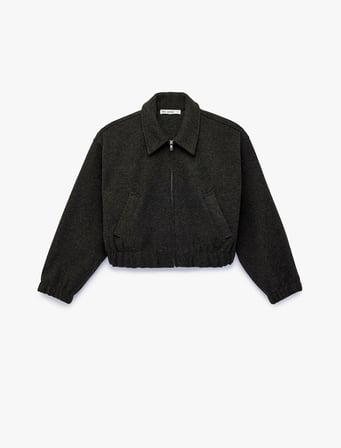Uzun Kollu Cepli Fermuarlı Crop Bomber Ceket