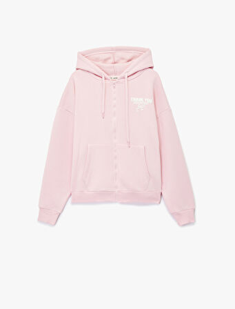 Şardonlu Fermuarlı Arkası Baskılı Cep Detaylı Kapüşonlu Oversize Sweatshirt