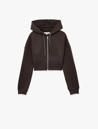 Şardonlu Kapüşonlu Korse Detaylı Fermuarlı Crop Sweatshirt
