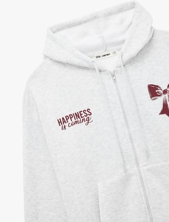 Fermuarlı Kapüşonlu Kanguru Cep Detaylı Arkası Fiyonk Baskılı Şardonlu Oversize Sweatshirt