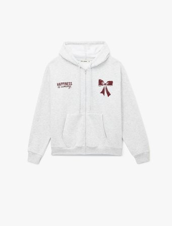 Fermuarlı Kapüşonlu Kanguru Cep Detaylı Arkası Fiyonk Baskılı Şardonlu Oversize Sweatshirt