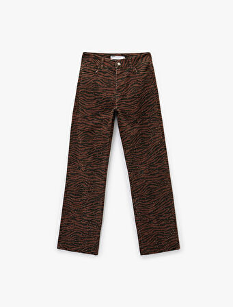 Pamuklu Taş Detaylı Düğmeli Cepli Leopar Desenli Jean Pantolon - Longer Straight Jean