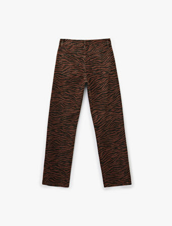 Pamuklu Taş Detaylı Düğmeli Cepli Leopar Desenli Jean Pantolon - Longer Straight Jean