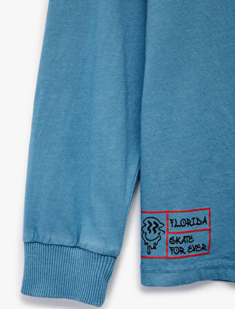 Pamuklu Uzun Kollu Bisiklet Yaka Baskılı Tişört