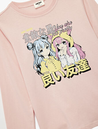 Pamuklu Uzun Kollu Bisiklet Yaka Anime Baskılı Tişört