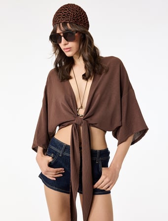 Kısa Kollu Kruvaze Yaka Bağlamalı Crop Oversize Kimono
