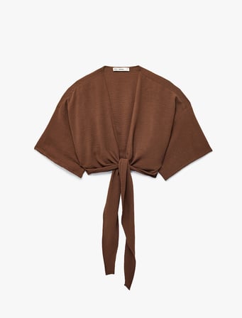 Kısa Kollu Kruvaze Yaka Bağlamalı Crop Oversize Kimono