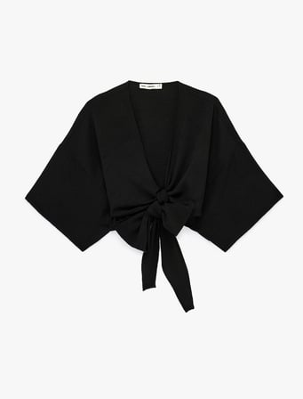 Kısa Kollu Kruvaze Yaka Bağlamalı Crop Oversize Kimono