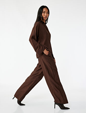 Modal Kumaş Cepli Beli Lastikli Bağlamalı Floral Dokulu Geniş Paça Pantolon