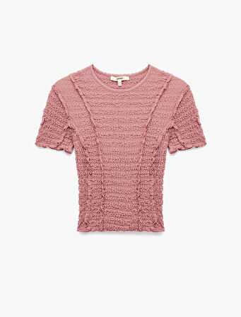 Slim Fit Kısa Kollu Bisiklet Yaka Dokulu Fırfırlı Tişört