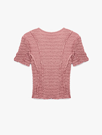 Slim Fit Kısa Kollu Bisiklet Yaka Dokulu Fırfırlı Tişört