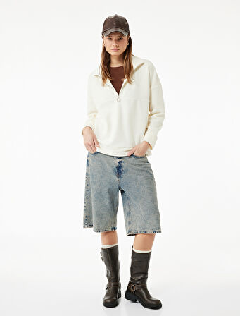 Oversize Uzun Kollu Yarım Fermuarlı Şardonlu Polar Sweatshirt