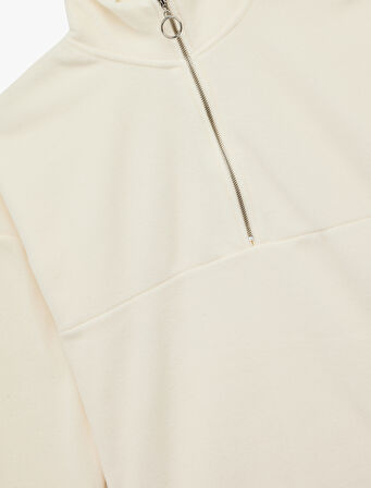 Oversize Uzun Kollu Yarım Fermuarlı Şardonlu Polar Sweatshirt
