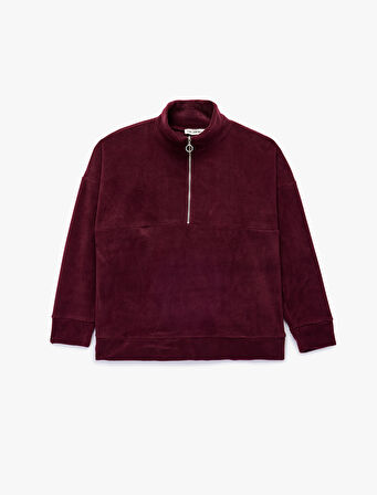 Oversize Uzun Kollu Yarım Fermuarlı Şardonlu Polar Sweatshirt