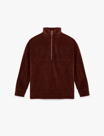 Oversize Uzun Kollu Yarım Fermuarlı Şardonlu Polar Sweatshirt