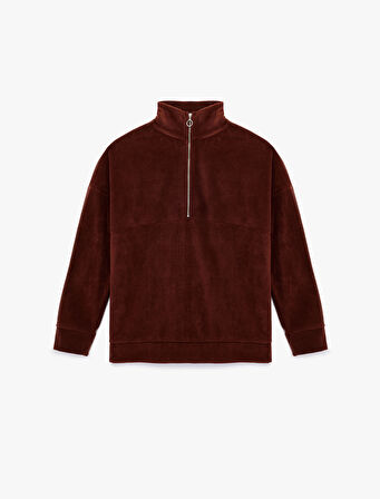 Oversize Uzun Kollu Yarım Fermuarlı Şardonlu Polar Sweatshirt