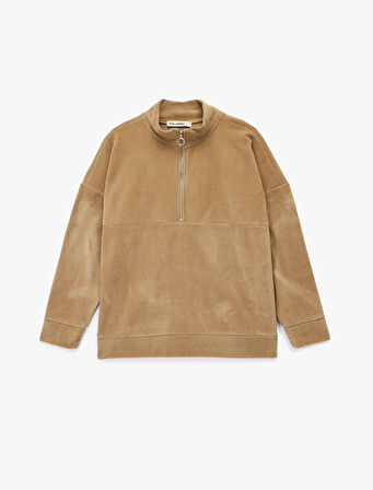 Oversize Uzun Kollu Yarım Fermuarlı Şardonlu Polar Sweatshirt