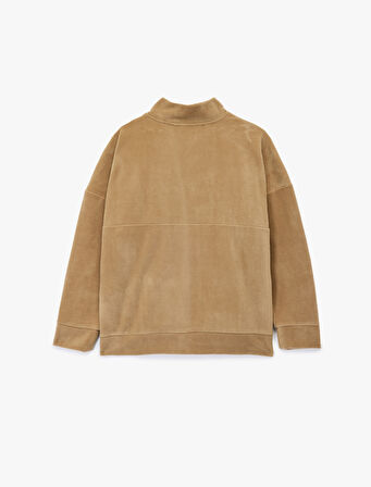 Oversize Uzun Kollu Yarım Fermuarlı Şardonlu Polar Sweatshirt
