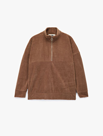 Oversize Uzun Kollu Yarım Fermuarlı Şardonlu Polar Sweatshirt