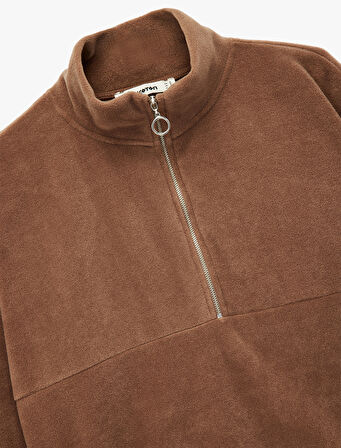 Oversize Uzun Kollu Yarım Fermuarlı Şardonlu Polar Sweatshirt