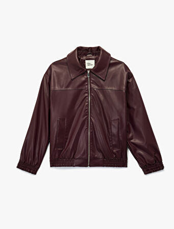 Klasik Yaka Cepli Fermuarlı Suni Deri Oversize Bomber Ceket